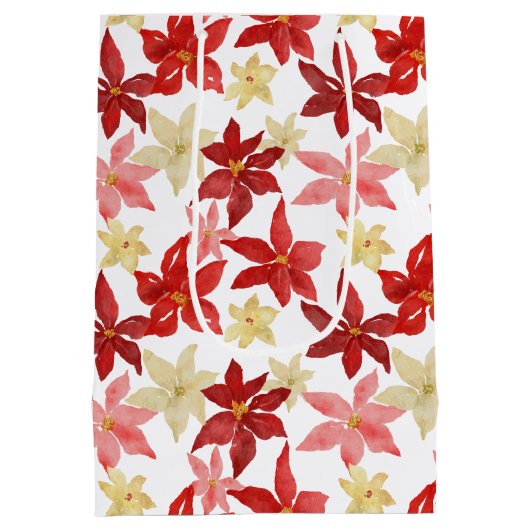 クリスマスレッドポインセチアフローラホリデーパターン ミディアムペーパーバッグ (裏面)