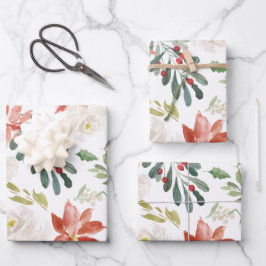 クリスマスレッドポインセチアフローラ水彩 ラッピングペーパーシート