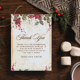 クリスマスレッドポインセチアフローラ誕生日パーティー サンキューカード