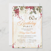 クリスマスレッドポインセチアフローラ誕生日パーティー 招待状 (正面)