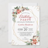 クリスマスレッドポインセチアフローラ誕生日パーティー 招待状 (正面)