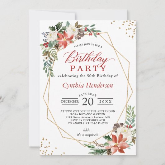 クリスマスレッドポインセチアフローラ誕生日パーティー 招待状 (正面)