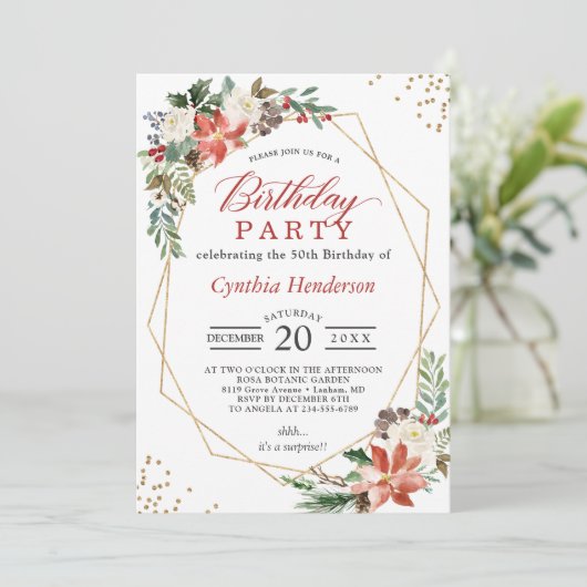 クリスマスレッドポインセチアフローラ誕生日パーティー 招待状 (スタンド正面)