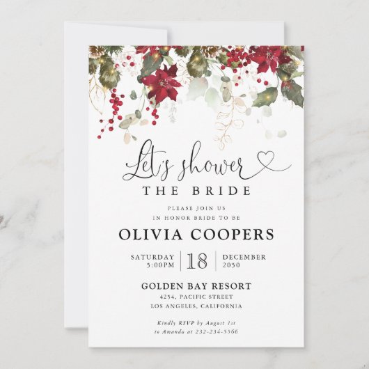 クリスマスレッドポインセチアブライダルシャワー招待 招待状 (正面)
