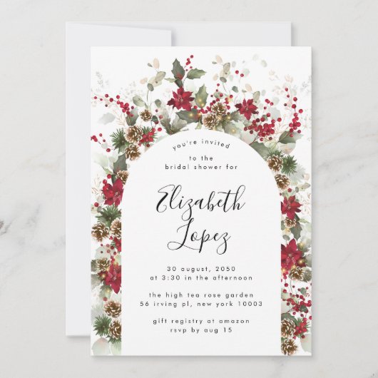 クリスマスレッドポインセチアブライダルシャワー 招待状 (正面)