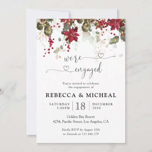 クリスマスレッドポインセチア婚約パーティ 招待状 (正面)
