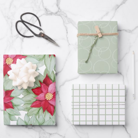 クリスマスレッドポインセチア水の色の手絵を描形 ラッピングペーパーシート (正面)