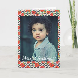 クリスマスレッドポインセチア白黒シェブロン写真 ノートカード