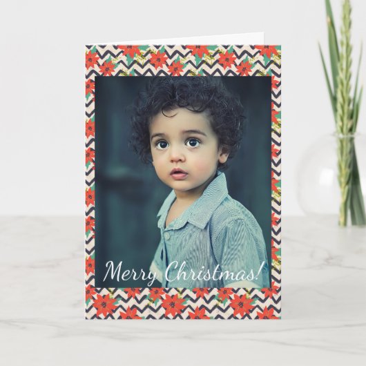 クリスマスレッドポインセチア白黒シェブロン写真 ノートカード (正面)