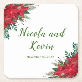 クリスマスレッドポインセチア結婚花 スクエアペーパーコースター