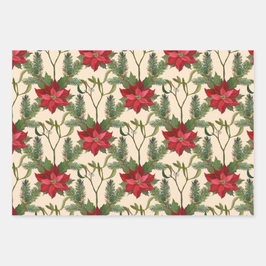 クリスマスレッドポインセチア花と松の枝 ラッピングペーパーシート (正面2)