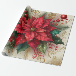 クリスマスレッドポインセチア花のラッピング紙 ラッピングペーパー