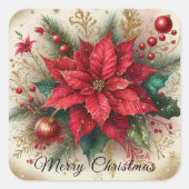 クリスマスレッドポインセチア花ステッカー スクエアシール (正面)