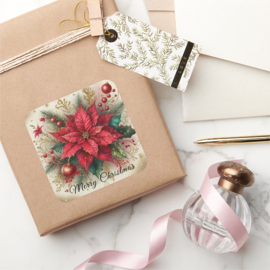 クリスマスレッドポインセチア花ステッカー スクエアシール (ギフト)