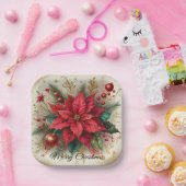 クリスマスレッドポインセチア金ゴールドグリッター紙プレート ペーパープレート (パーティー)