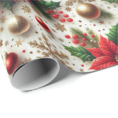 クリスマスレッドポインセチア金ゴールドスノーフレーク光沢 ラッピングペーパー (ロールコーナー)