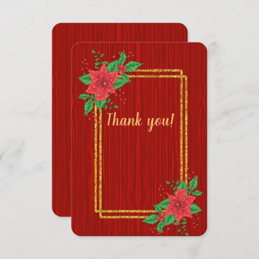 クリスマスレッドポインセチア金ゴールド結婚フレーム サンキューカード (正面/裏面)