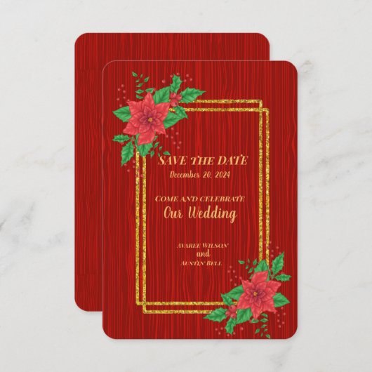 クリスマスレッドポインセチア金ゴールド結婚フレーム セーブザデート (正面/裏面)