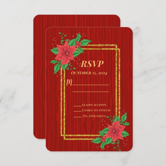 クリスマスレッドポインセチア金ゴールド結婚フレーム 出欠カード (正面/裏面)