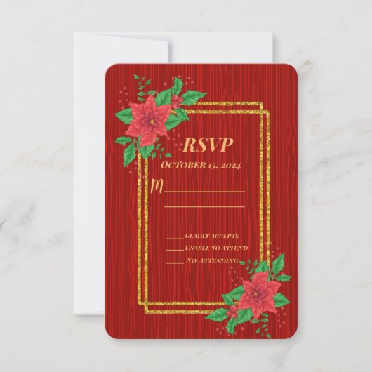 クリスマスレッドポインセチア金ゴールド結婚フレーム 出欠カード (正面)
