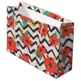 クリスマスレッドポインセチア ブラック&ホワイト チェッカーボード ラージペーパーバッグ