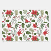 クリスマスレッドポインセチア、ベリー、松の枝 ラッピングペーパーシート (正面2)