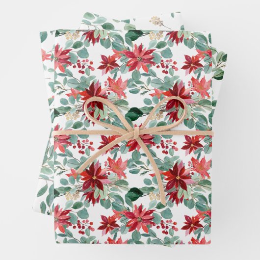 クリスマスレッドポインセチアEucalyptus水彩 ラッピングペーパーシート (インサイチュ)
