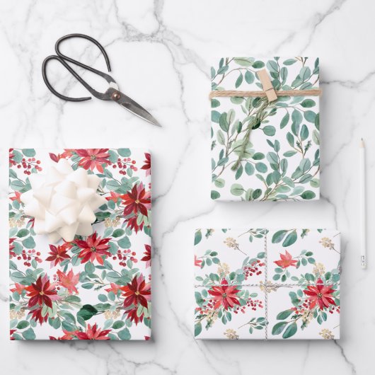 クリスマスレッドポインセチアEucalyptus水彩 ラッピングペーパーシート (正面)