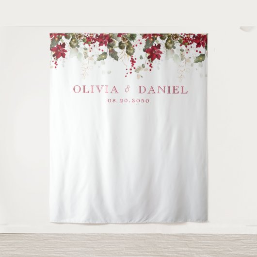 クリスマスレッドポインセチ結婚アのバックドロップ タペストリー (正面)