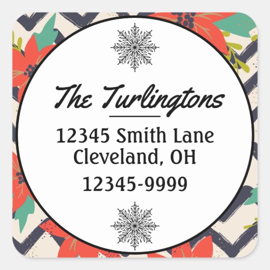 クリスマスレッドポインセティアブラックホワイト差出人住所 スクエアシール (正面)