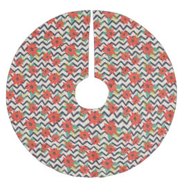 クリスマスレッドポインセティアブラック&ホワイトシェブロン ブラッシュドポリエステルツリースカート