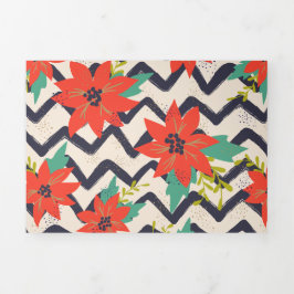 クリスマスレッドポインセティアブラック&ホワイトシェブロン 三つ折りクリスマスカード