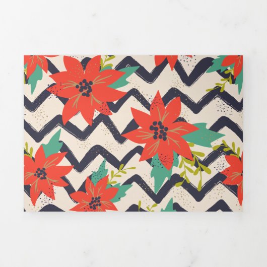 クリスマスレッドポインセティアブラック&ホワイトシェブロン 三つ折りクリスマスカード (カバー)