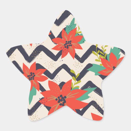 クリスマスレッドポインセティアブラック&ホワイトシェブロン 星シール (正面)