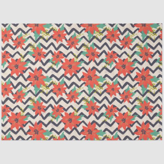 クリスマスレッドポインセティアブラック&ホワイトシェブロン 薄葉紙 (正面)