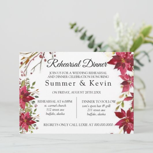 クリスマスレッドポインセテ結婚ィアのリハーサルディナー 招待状 (スタンド正面)