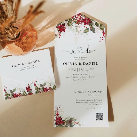 クリスマスレッドポインセテ結婚ィア オールインワン招待状