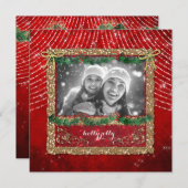 クリスマスレッドライトズ金ゴールドグリッターフォトカード シーズンカード (正面/裏面)