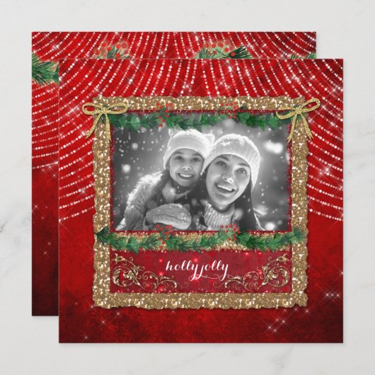 クリスマスレッドライトズ金ゴールドグリッターフォトカード シーズンカード (正面/裏面)