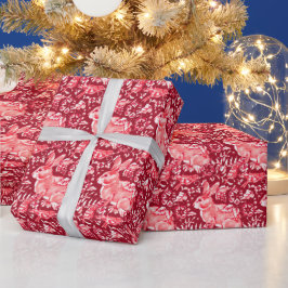 クリスマスレッドラビットウッドランド花柄 ラッピングペーパー