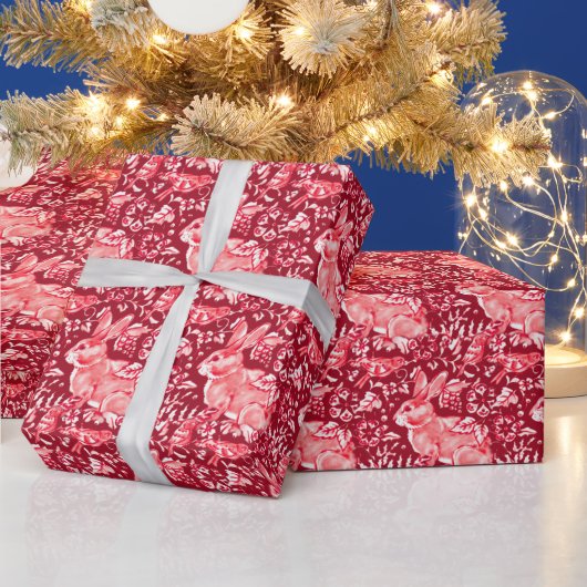 クリスマスレッドラビットウッドランド花柄 ラッピングペーパー (クリスマス)