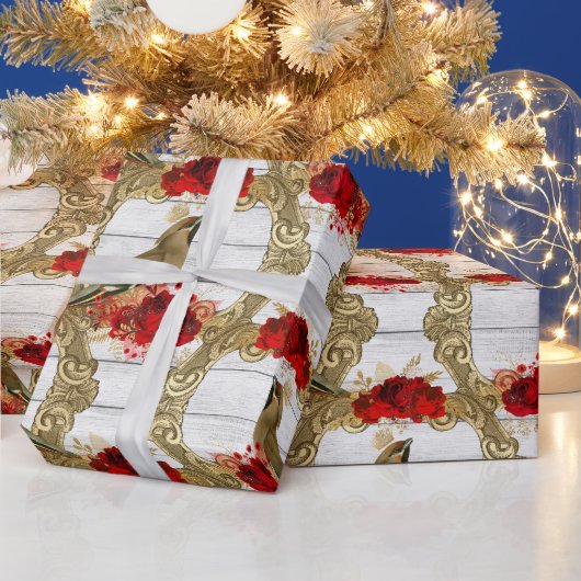 クリスマスレッドローゼズ金ゴールドバードヴィンテージ  ラッピングペーパー (クリスマス)