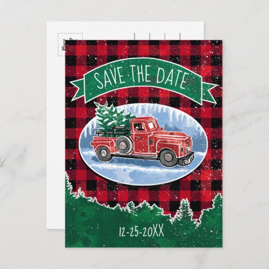 クリスマスレッドヴィンテージトラックが日付を保存 インビテーションポストカード (正面/裏面)
