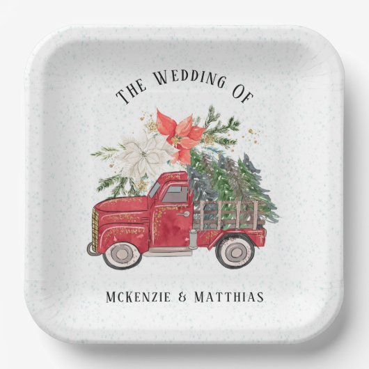 クリスマスレッドヴィンテージトラックとツリー結婚ズ ペーパープレート (正面)