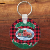 クリスマスレッドヴィンテージトラックバッファロープレイド名の追加 キーホルダー (正面)