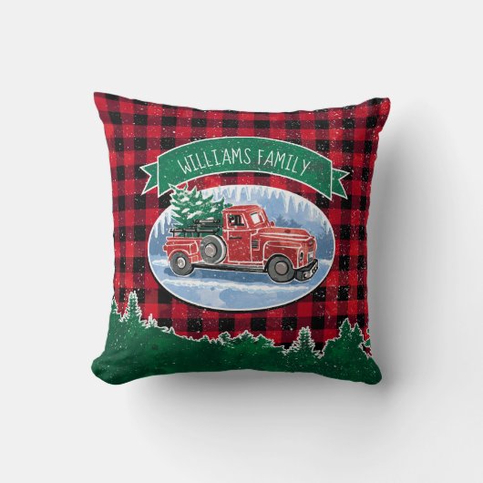 クリスマスレッドヴィンテージトラックバッファロープレイド名の追加 クッション (正面)