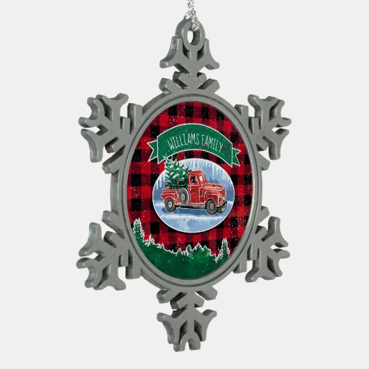 クリスマスレッドヴィンテージトラックバッファロープレイド名の追加 スノーフレークピューターオーナメント (左)