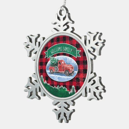 クリスマスレッドヴィンテージトラックバッファロープレイド名の追加 スノーフレークピューターオーナメント (右)