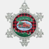 クリスマスレッドヴィンテージトラックバッファロープレイド名の追加 スノーフレークピューターオーナメント (正面)