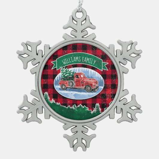 クリスマスレッドヴィンテージトラックバッファロープレイド名の追加 スノーフレークピューターオーナメント (正面)